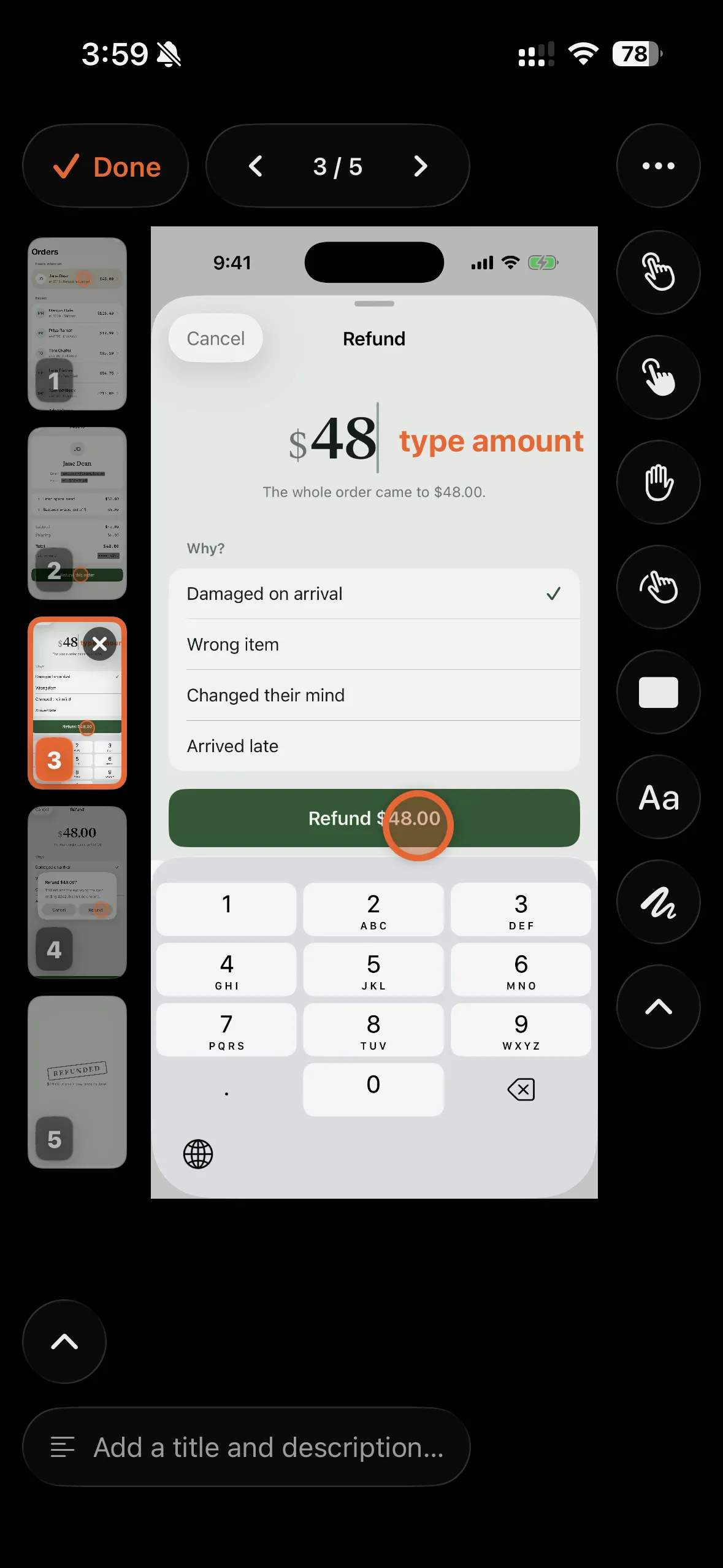 Step 3 of 5 in Walkthru's editor: a tap marker on the Refund button and a text label reading 'type amount' beside the amount field.