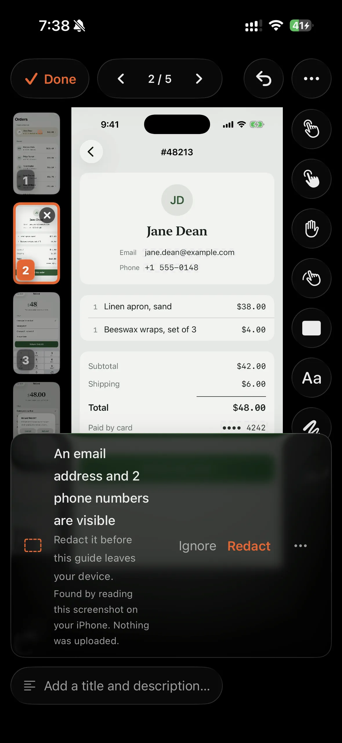 Walkthru's editor showing a card that reads: an email address and 2 phone numbers are visible. Redact it before this guide leaves your device.