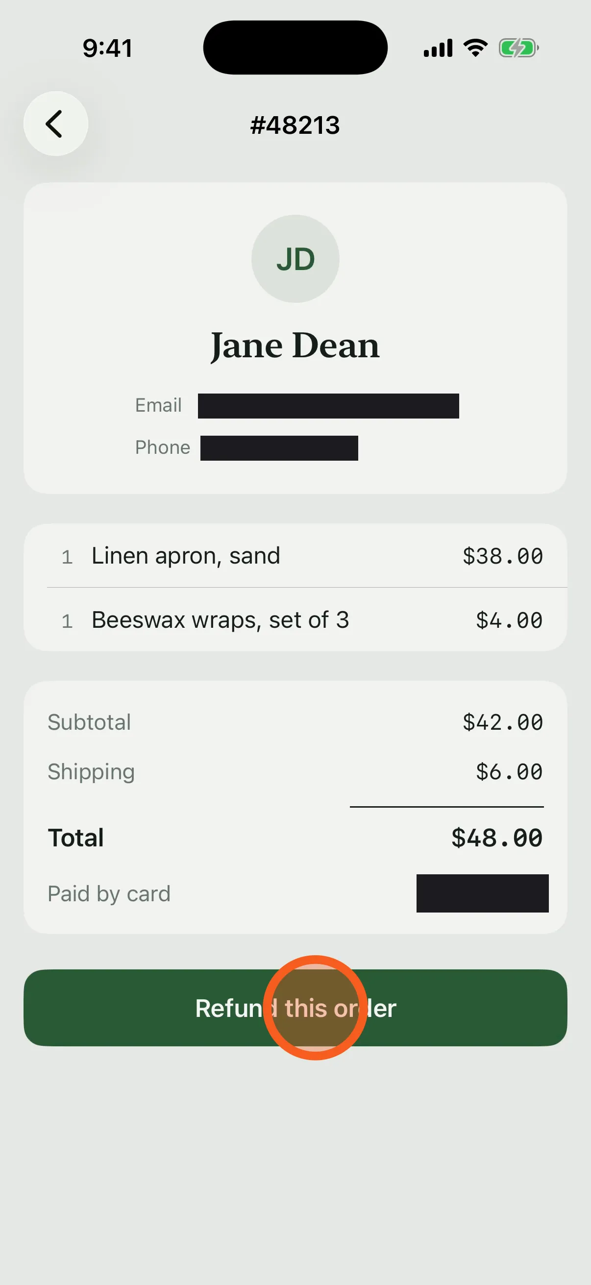 Step 2: the order’s details, with the customer’s email, phone and card covered by solid black redactions, and a marker on the Refund button.