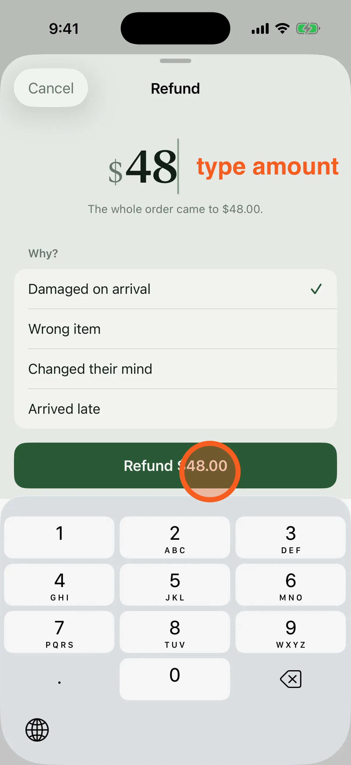 Step 3: the refund amount being typed on a keypad, labelled “type amount”.