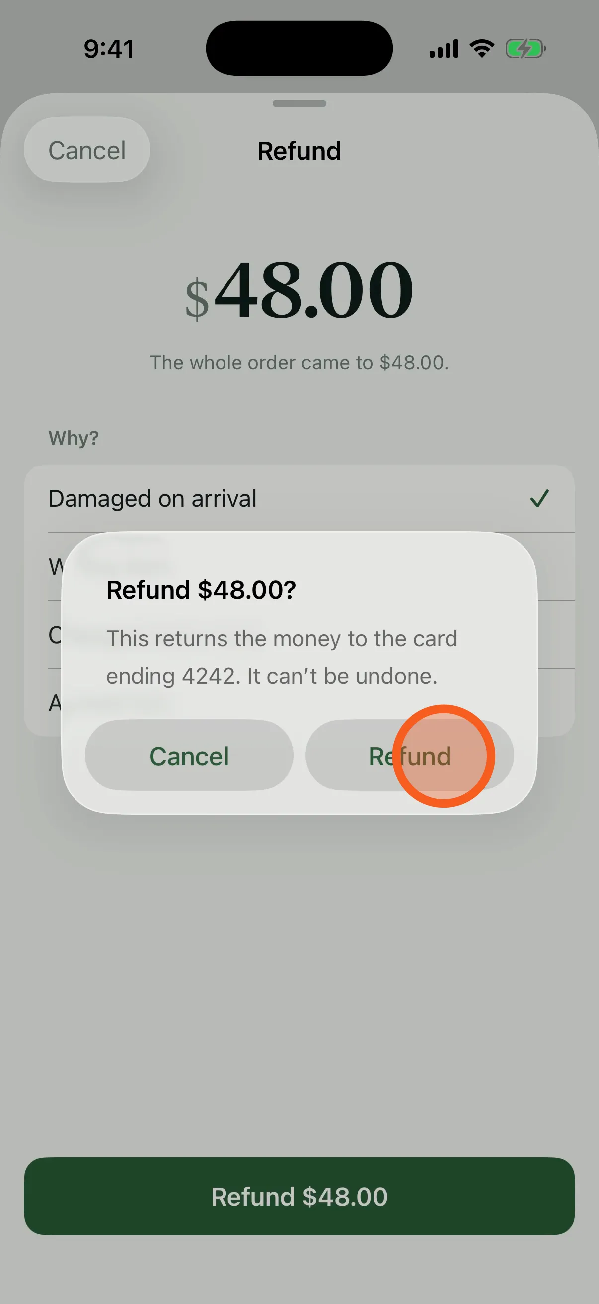 Step 4: a confirmation dialog asking to refund $48.00, with a marker on Refund.