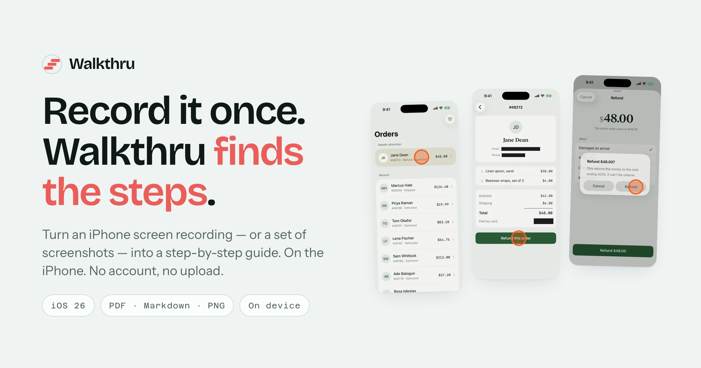 The Walkthru social card: the headline “Record it once. Walkthru finds the steps.” beside three annotated screen frames.